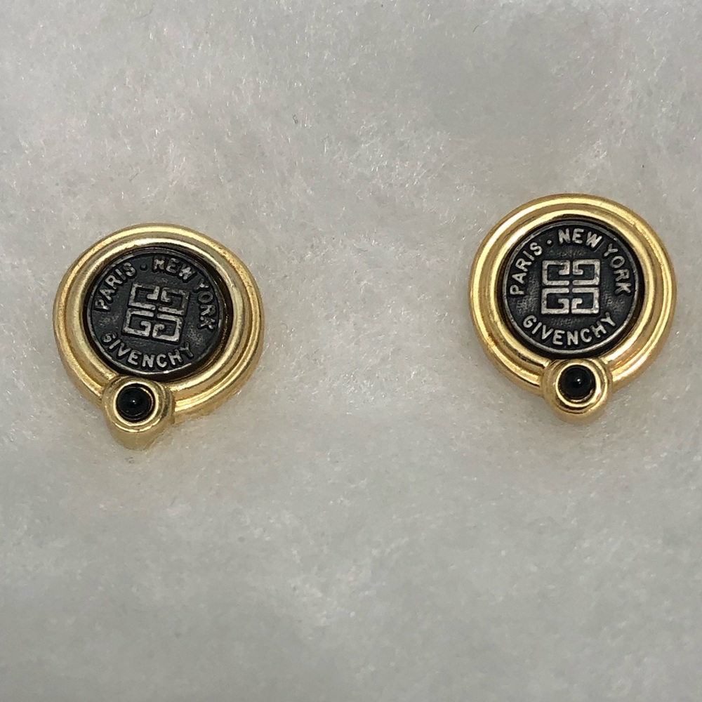 Vintage Givenchy Paris New York Logo Coin Black Glass CabochonEarrings